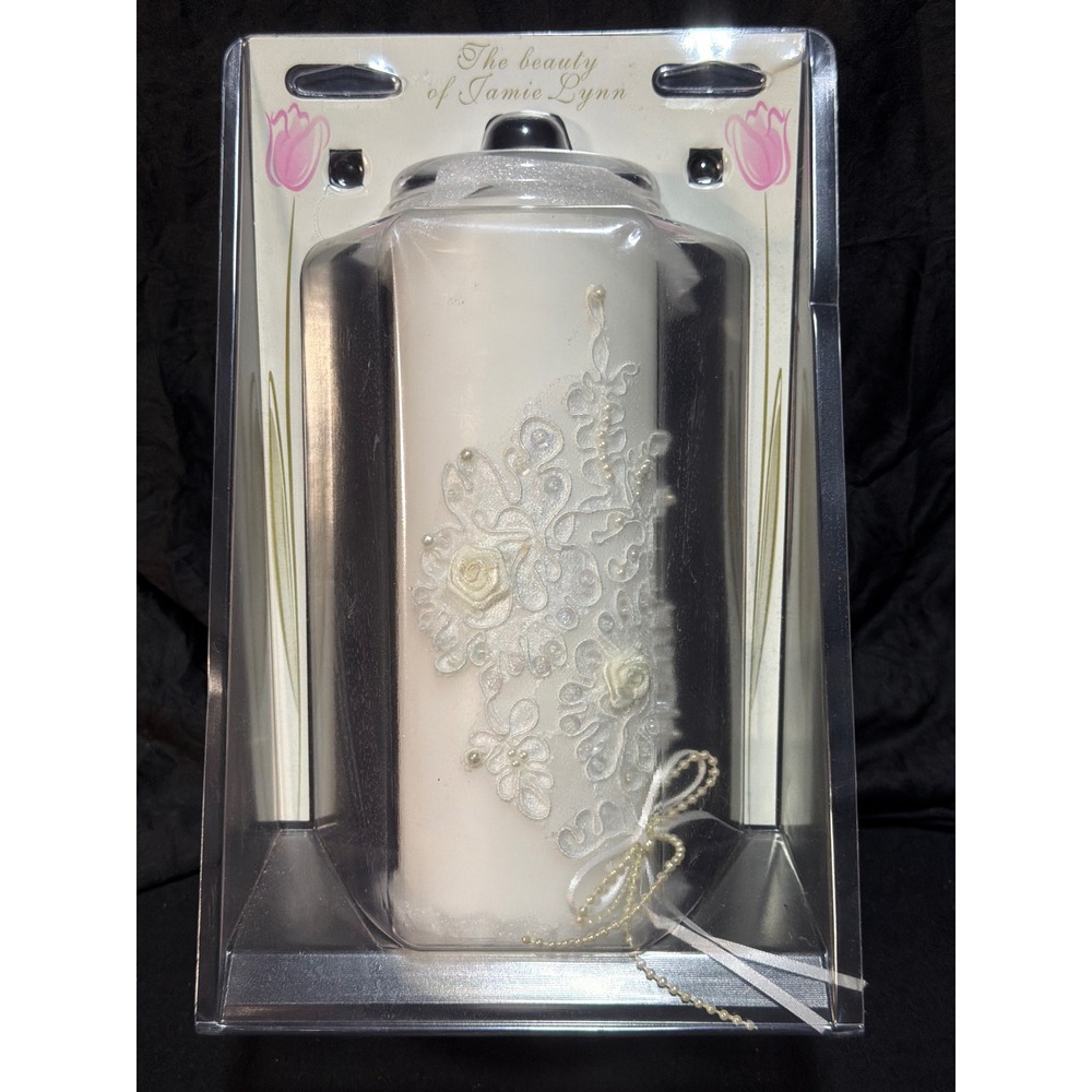 Jamie Lynn White Unity Candle Lace Floral Applique Pearls Wedding Decor 10/117